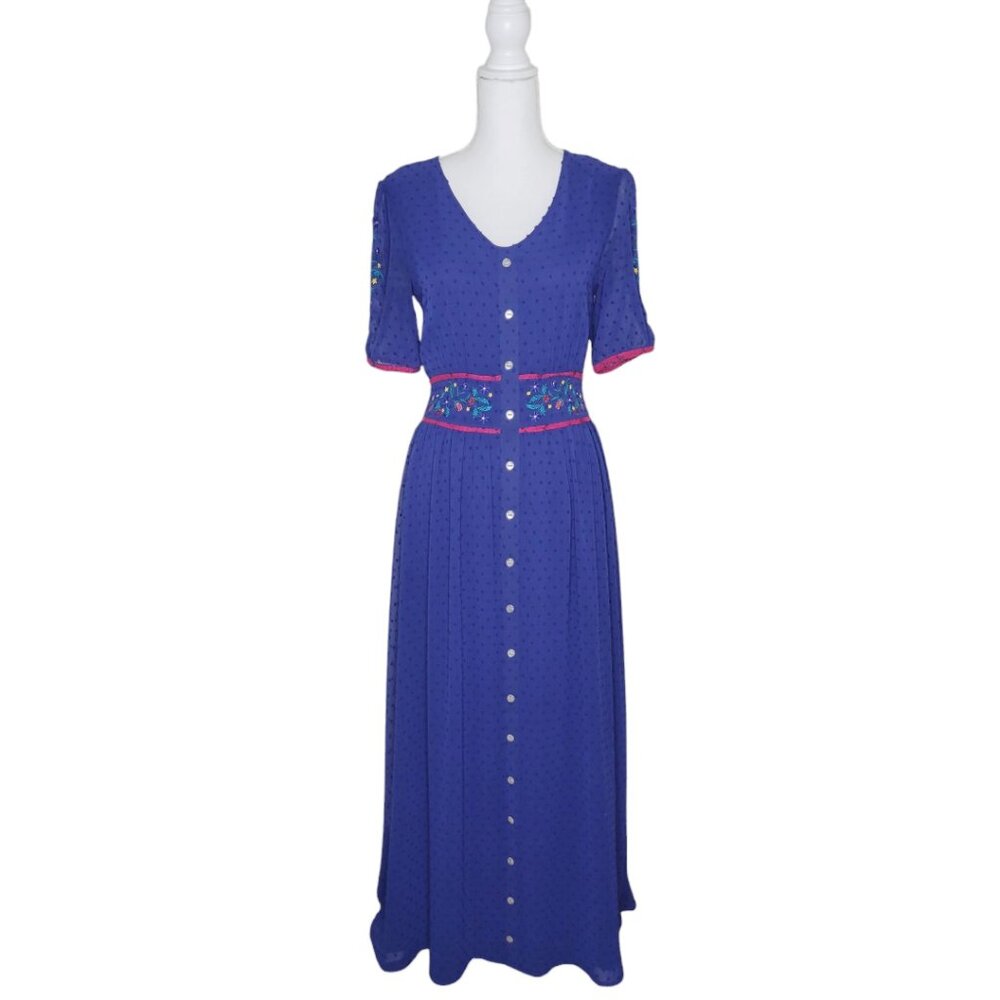 Wild Flowers Feliz Navidad Blue Floral Embroidered Whimsy Dress Women's XS #3259